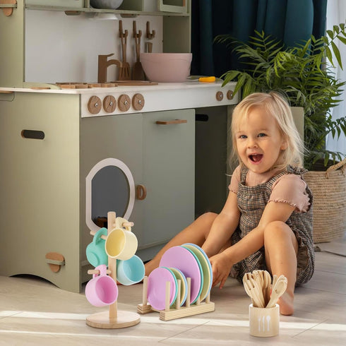 Set -27Pcs Set, 3-5, GAGAKU Kids Wooden Play Dishes Montessori Play Kitchen Accessories Plates and Bowls Storage Stand