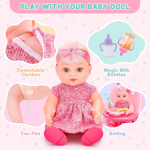 Playset Set 2 1 13 Inch 3+ deAO Baby Doll Baby Doll Crib Bed Adjustable in Baby High Chair and Rocking Bed, Baby Doll