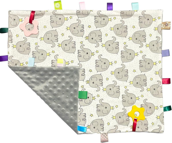 Big Tags Blanket for Babies, Soft Toddler Taggy Security Blanket with Tags, 55x45CM/21.7x17.7INCHES (Gray Elephant)