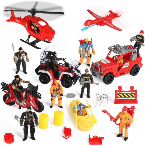 Kids Firefighter Action Figures Playset, Fireman Figures Toys with Tools, Red Fire