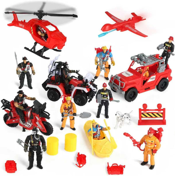 Kids Firefighter Action Figures Playset, Fireman Figures Toys with Tools, Red Fire