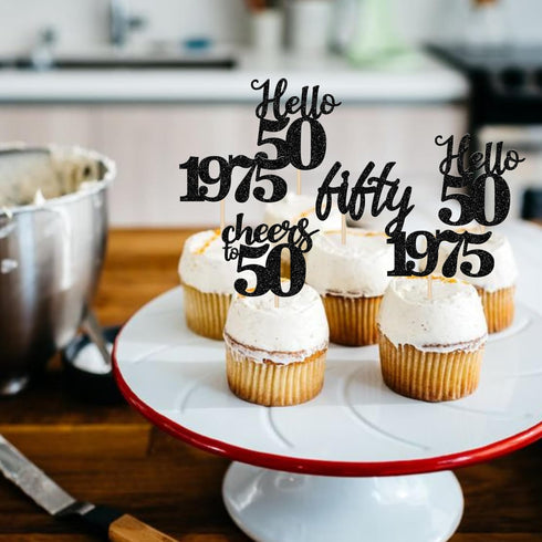 24 PCS Black 50th Birthday Cupcake Toppers, Glitter Hello 50 Cupcake Topper for 50th Birthday Party