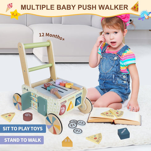 Wooden Baby Walker with Wheels, Montessori Kitchen Walking Toys, Pretend Play Grocery Toys, Sorting and Stacking Toys