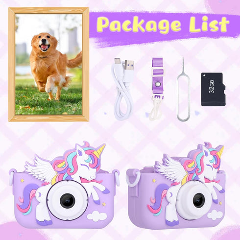 Unicorn Toys Camera for Kids Girls Age 3-8, Digital Selfie Video Camera with HD 1080P, 32GB SD Card, Purple