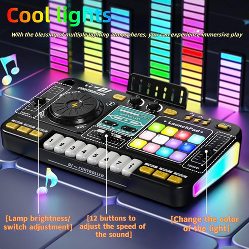 Johehe 12 8 4-8+ Rechargeable Kids DJ Mixer with LED Light Show & Karaoke Microphone - Interactive Music Toy with Sound