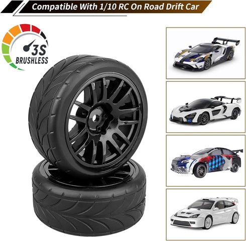 12mm Hex Preglued Wheels Tires Set, 1/10 On Road RC Car Compatible with Tamiya TT02 TT01 Traxxas 4tec 2.0 3.0 Touring