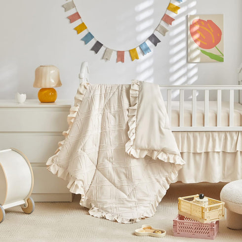 Set 3 Tufted Ruffle Crib Bedding Pieces Baby Boho Quilted Comforter with Fitted Sheet and Bed Skirt - Cute Ruffled