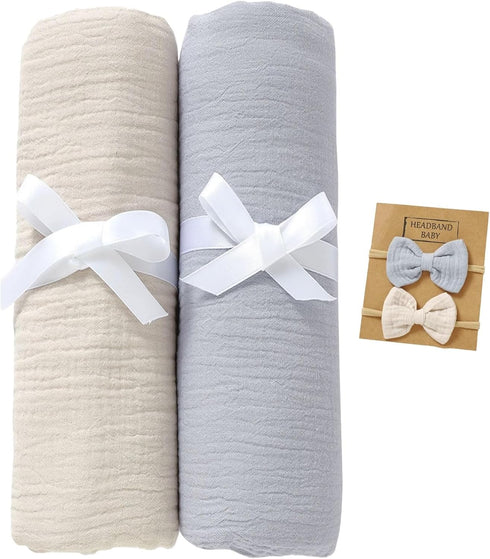 2 Pack Muslin Swaddle Blankets with Headband Set 47x47 in,Large Size 100%