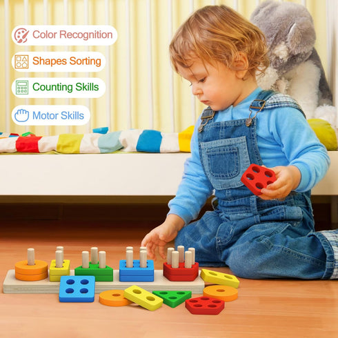 PEBIRA Montessori Toys for Toddlers - Wooden Sorting & Stacking Toys for 1 to 3-Year-Old Boys Girls