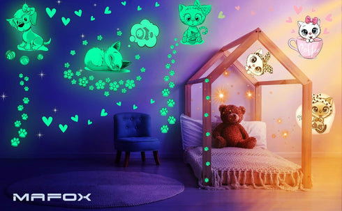 Glow in The Dark Cat Stickers with Dog and Fish, Wall Decals for Kids Bedding Room