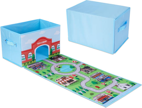 SAM AND MABEL Collapsible Fabric Storage Organizer and Play Mat - Foldable Playmat and Stackable Bin Basket with Handle