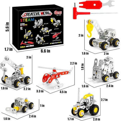 272 PCS Stem Building Toys, Metal Construction Vehicles & Helicopter Model Kit, 6 Models Erector Sets for Boys Age 8-12