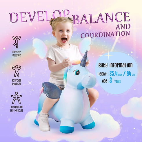 EVERICH TOY Unicorn Bouncy Horses, Inflatable Plush Hopping Toy for Toddlers, Outdoor & Indoor Bouncy Animals Gift