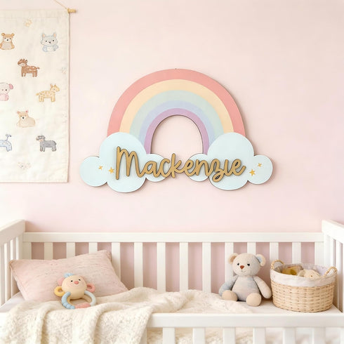 Personalized Rainbow Name Sign for Kids Room, Custom Wooden Name Wall Decor,