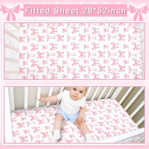 HunnmingRe Set 3 Set Baby Pink Bow Crib Bedding Pcs Crib Baby Blanket, Fitted Sheet, Pillowcase Soft Flannel Nursery