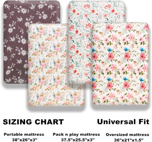 FIGEPO 4 Pack Pack Set Pack Baby Girl N Play Mini Crib Sheets Soft Fitted Floral Theme Baby Girl Mattress Covers