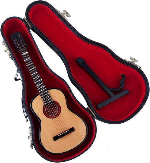 Dselvgvu Wooden Miniature Guitar with Stand and Case, Mini Musical Instrument Dollhouse Model (6.51"x2.28"x0.89")