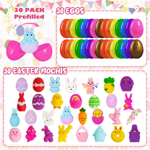 EUOCENK 30PCS Pre Filled Easter Eggs with Easter Mochi Squishy Toys, Pre-Stuffed Easter Eggs with Easter Squishies