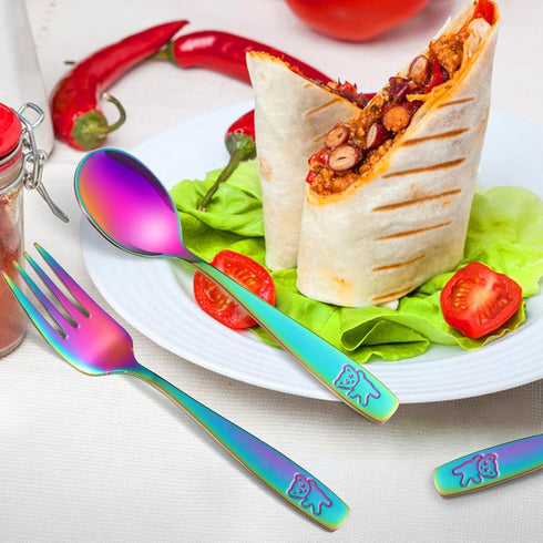 Pimoys 12 Pieces Kids Rainbow Utensils Set, Stainless Steel Safe Forks and Spoons, Dishwasher Safe Metal Cutlery