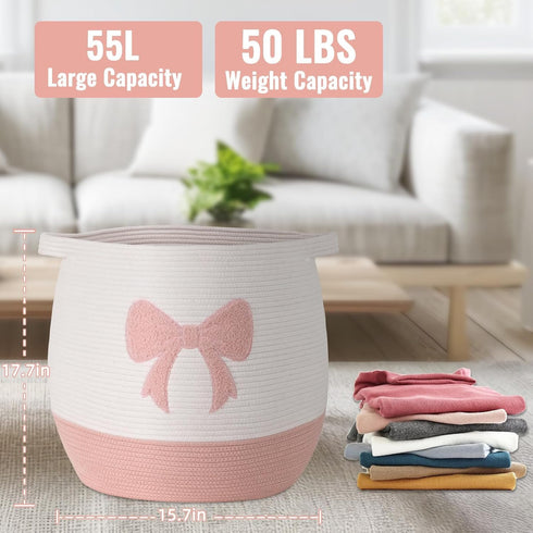 17.7"x15.7" Large Baby Laundry Hamper, Pink Bow Laundry Basket for Baby Girl, Toy and Blanket Storage Basket