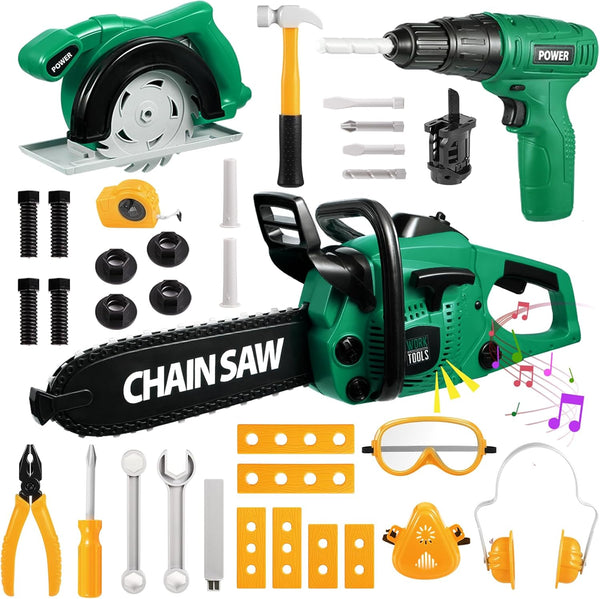 Vextronic Kids Tool Set 36 PCS with Electric Toy Chainsaw Drill Circular