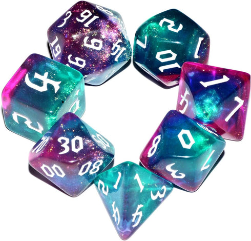 QiAN SiMAi Galaxy Dice Set| Dark Green Mix Purple Crystal DND Dice Set for