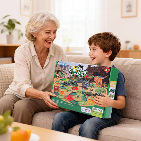 3 4 5 6 7 Playset 280+ FUNBUD Dinosaur Race Track Toys for Kids - Birthday Gifts for Boys Age Year Old, Flexible Race