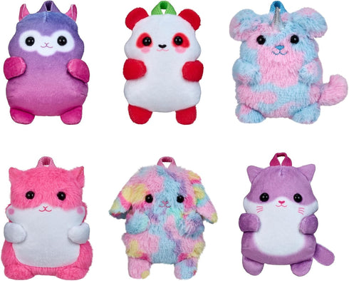 REAL LITTLES Plushie Pet Backpacks, Soft Fluffy Animal Micro Backpack with 4 Real Working Micro Stationery Surprises