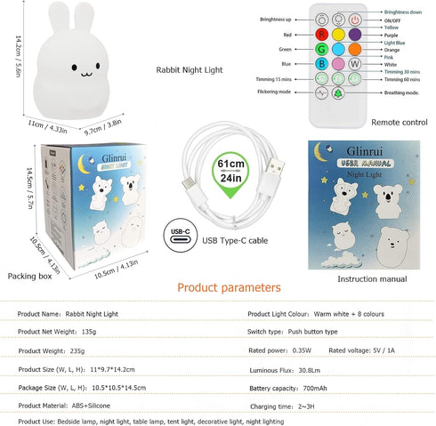 Rabbit Night Lights for Kids - Changeable Brightness & Color Table Lamp for Nursery, Holiday Gifts