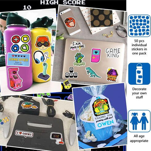 DETICKERS Gaming Stickers for Boys, 50 PCS Waterproof Vinyl Stickers for Video Game Water Bottles