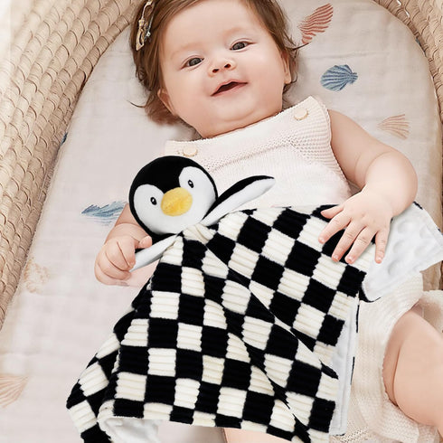 Baby Lovey Blanket for Boys Girls, Super Soft Checkerboard Gingham with Minky Dot Backing, Penguin Stuffed Animal (14