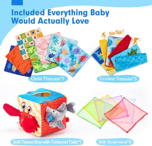 hahaland Baby Tissue Box Toy - Montessori Toys for 6-12 Months, Textured Tails, Cloth Tissues, Crinkle, Squeaky Sounds,