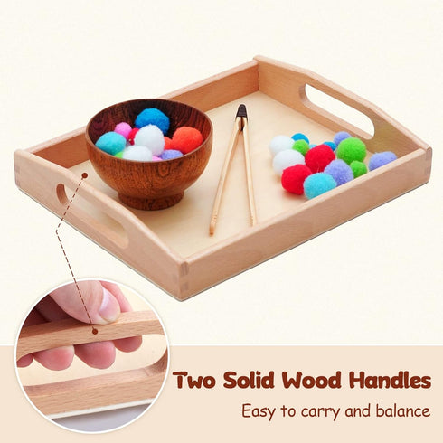 Montessori Wooden Trays with Handles - 3 Pack Small, Medium, Big Quality Wood Trays for Kids Activities, Toy Storage