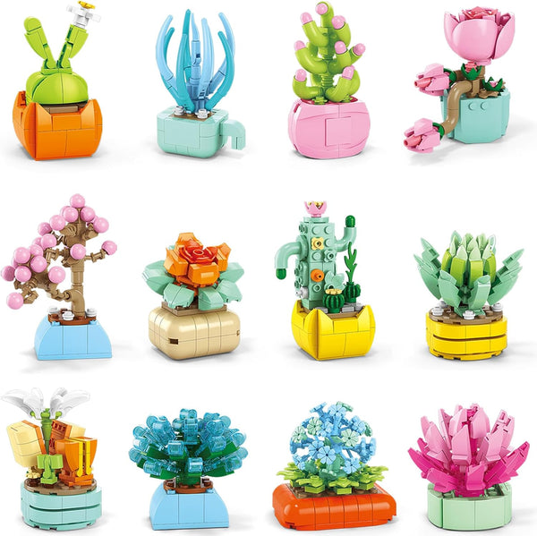 Qinline 24 Pack Easter Gifts for Kids 6-12, Succulents Flower Bouquets Building Blocks
