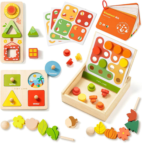 Set 18-24 4-in-1 Tiny Land Montessori Toy for Babies Months Investigator Play Kit- Wooden Learning Toys with Color