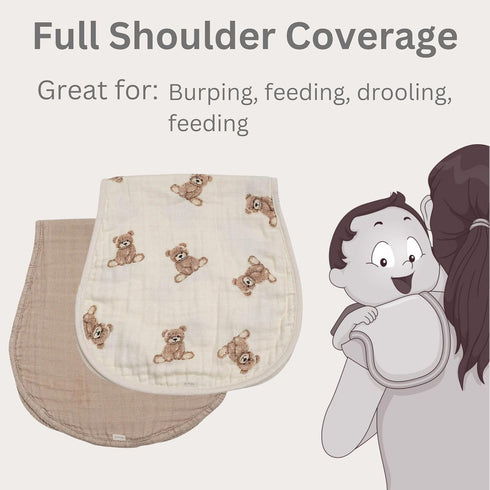 2-pk Ali+Oli Muslin Burp Cloths for Baby Boys and Girls (Teddy-Taupe) Organic Baby Burp Cloth, Burp Rags for Newborn