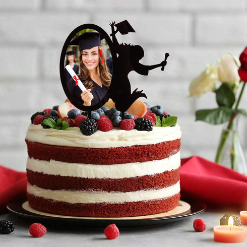 Congrats Grad 2025 Cake Toppers - Black Acrylic Photo Frame Cake Topper for Class of 2025 Graduate Party Supplies