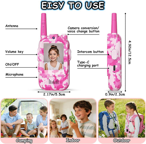 NestChroix 2 Pack, 2 4 1000mAh 3-12 Kids Video Walkie Talkies Way Radio Long Range with Screen & Voice Effects