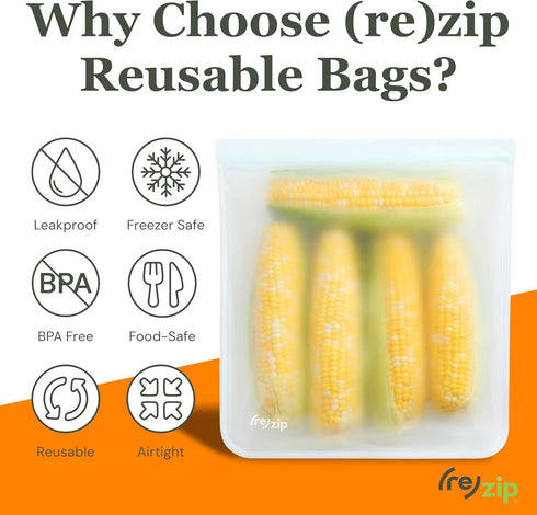 (re) zip Gallon Reusable Storage Bags, BPA-Free, Leakproof, Food-Grade 100% Food-Safe PEVA, 4-Pack, Clear