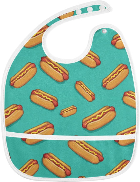 IHCVHQX 1 Pack Baby Feeding Bibs with Catcher Pocket Hot Dogs Green Toddler Sleeveless Teething Bib