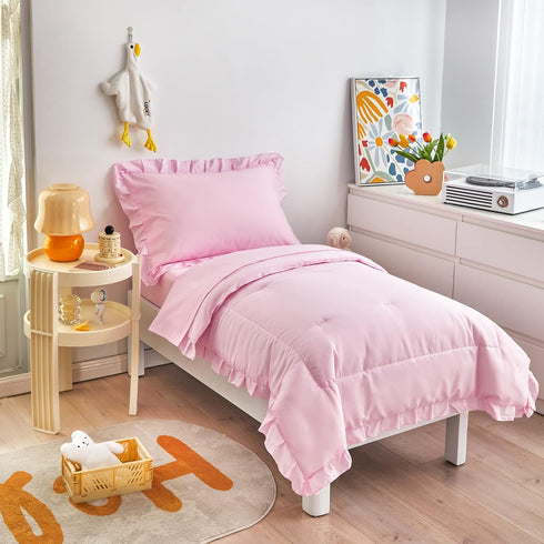 4 Set Set 1 1 +1 +1 Pieces Pink Toddler Bedding with Ruffle Fringe, Solid Color Toddler Bed - Toddler Comforter +
