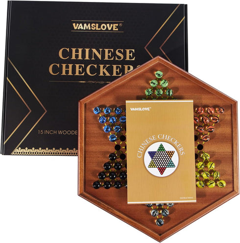 15" 16mm 60+12 VAMSLOVE Chinese Checkers Large Upgraded Version Wooden Game Board, Colorful Glass Marbles, Easy