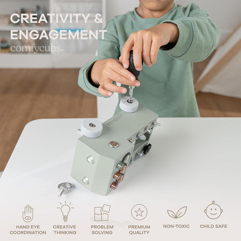 Set 3+ Comfy Cubs Busy Board Toy Truck - Fun & Noise-Free, Pine Wood Activity Board for Toddlers with LED Light Switch