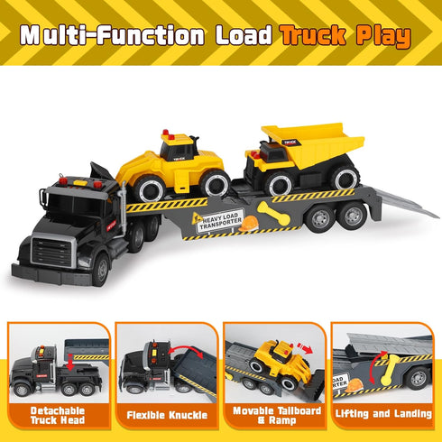3 4 5 6+ Construction Semi Trailer Truck Toy, Large Flatbed Truck Carrier with Excavator and Dump Vehicle, Lights