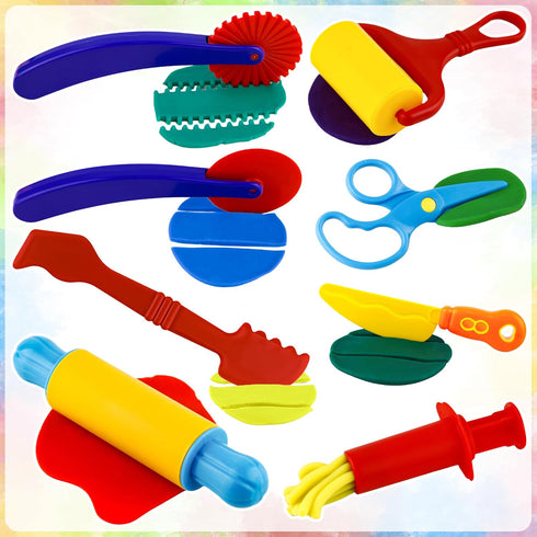 9 Set Dough Play Tool Kit for Kids, PCS Basic Dough Starter with Pizza Cutter, Safety Scissors, Rolling Pin, Roller