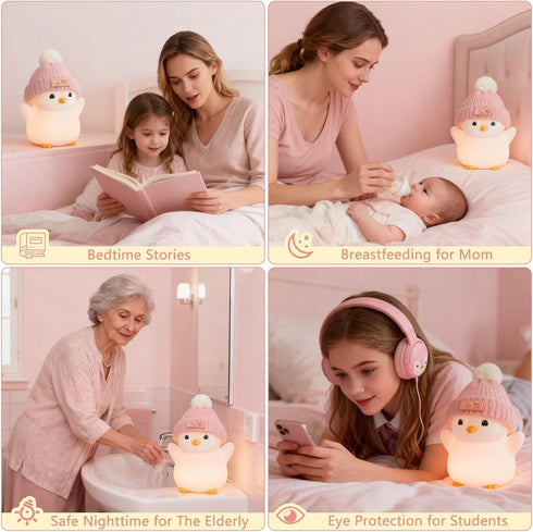 Rechargeable/Dimmable/Timer,LED FAMIDUO Penguin Night Light, Cute Pink Penguin Lamp with Knit Hat, Soft Silicone