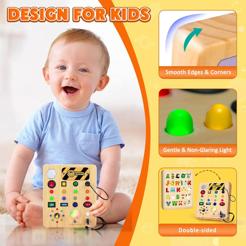 TINTECUSA Busy Board with LED Light, Wooden Sensory Toys for Toddler, Montessori Music Toy for Airplane, Travel