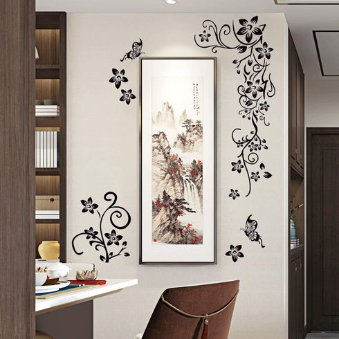 LiveGallery Removable Black Vinyl Flowers Wall Decals, DIY Flower Vines and Butterfly Stickers for Home Decor