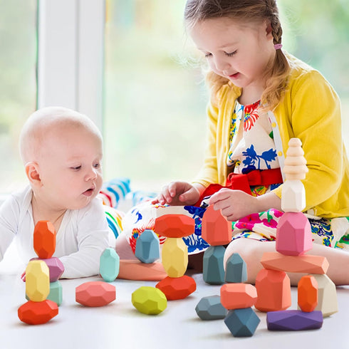 OESSUF Stacking Rocks, 48Pcs Wooden Balancing Stacking Blocks for Toddler Sorting Educational Montessori Game