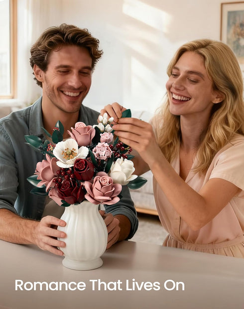 iATOM Set, IA11022 Pink Roses Flower Bouquet Building Artificial Flowers Botanical Collection Kit for Adults Women
